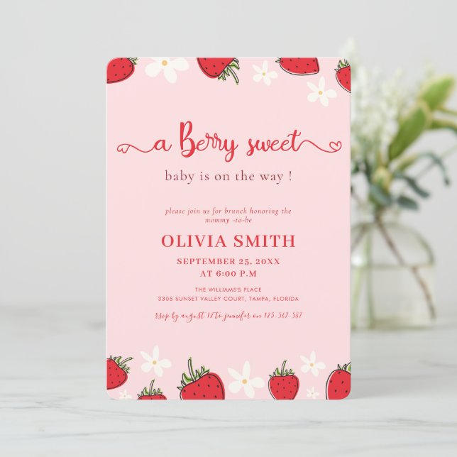 Invitación Ducha de Bebé Floral Dulce Fresa Rosa (Anverso de pie)