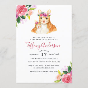 Invitación Ducha de Bebé Floral Dulce Mamá y Gatito