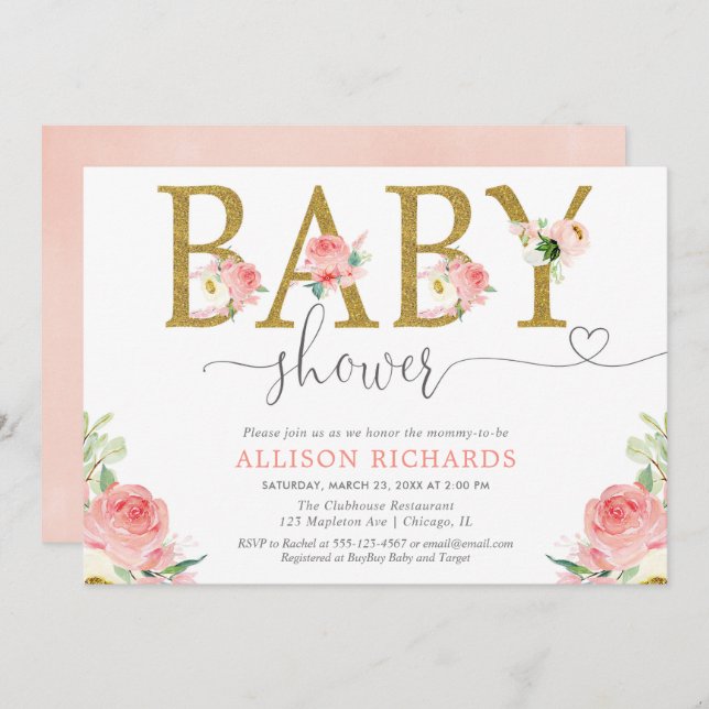 Invitación ducha de bebé floral, elegante rosa dorado (Anverso / Reverso)