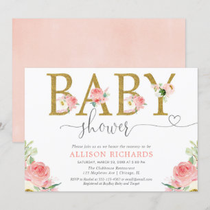 Invitación ducha de bebé floral, elegante rosa dorado