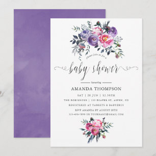 Invitación Ducha de bebé floral en acuarela con ciruela y ros