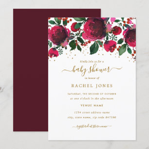 Invitación Ducha de Bebé Floral en Rojo Burdeos Dorado