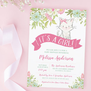 Invitación Ducha de Bebé Floral Gatita Niña