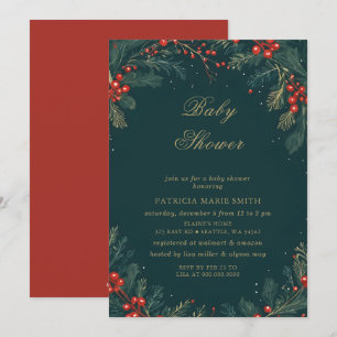 Invitación Ducha de Bebé Floral Invernal de Navidad Verde Dor