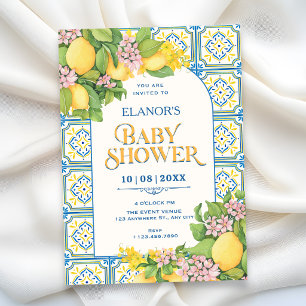Invitación Ducha de bebé floral limón mediterráneo azulejo