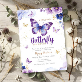 Invitación Ducha de bebé floral morada azul mariposa