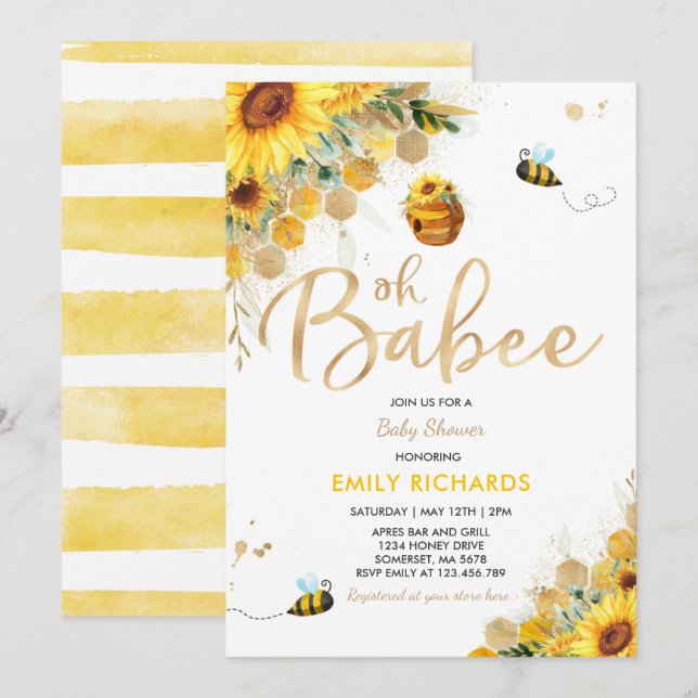 Invitación Ducha de bebé floral neutra de género Bee Baby Sho (Anverso / Reverso)
