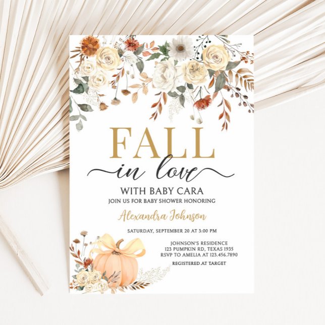 Invitación Ducha de bebé Floral Pumpkin Fall in Love (Fall in Love Floral Pumpkin Baby Shower Invitation)
