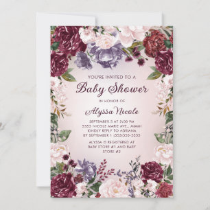 Invitación Ducha de Bebé Floral Rosa Burdeos Purpura
