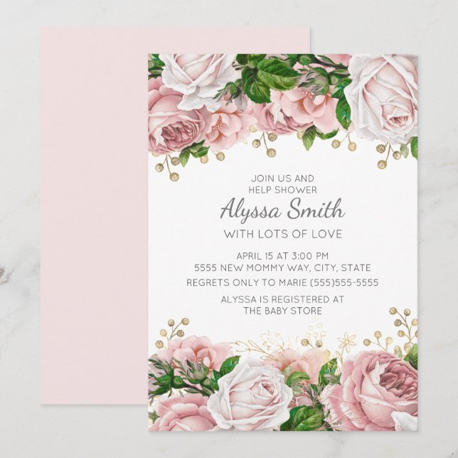 Invitación Ducha de Bebé Floral Rosa Dorado (Anverso / Reverso)