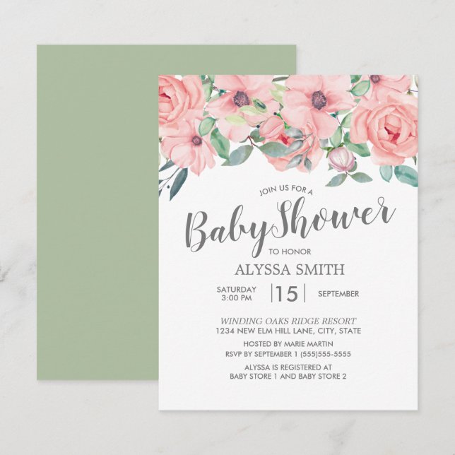 Invitación Ducha de Bebé Floral Rosa Rubor Verde Salvia (Anverso / Reverso)