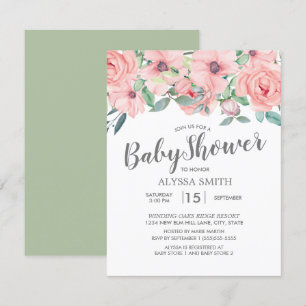 Invitación Ducha de Bebé Floral Rosa Rubor Verde Salvia