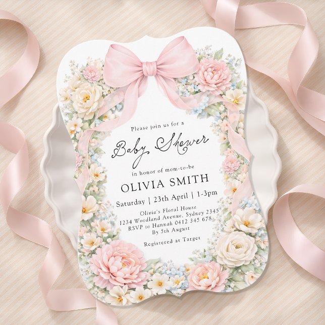 Invitación Ducha de Bebé Floral Rosa Sonrojado con Lazo (Subido por el creador)