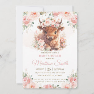 Invitación Ducha de Bebé Floral Rosa Suave Vaca Escocesa Espo