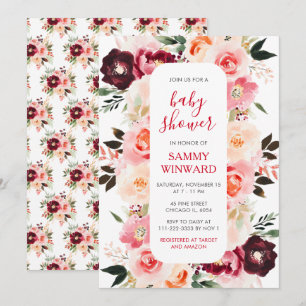 Invitación Ducha de Bebé Floral Rosa y Rojo Borgoña