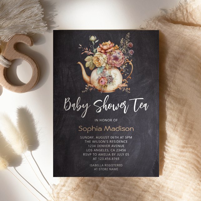 Invitación Ducha de bebé Floral Tea Chalkboard (Subido por el creador)