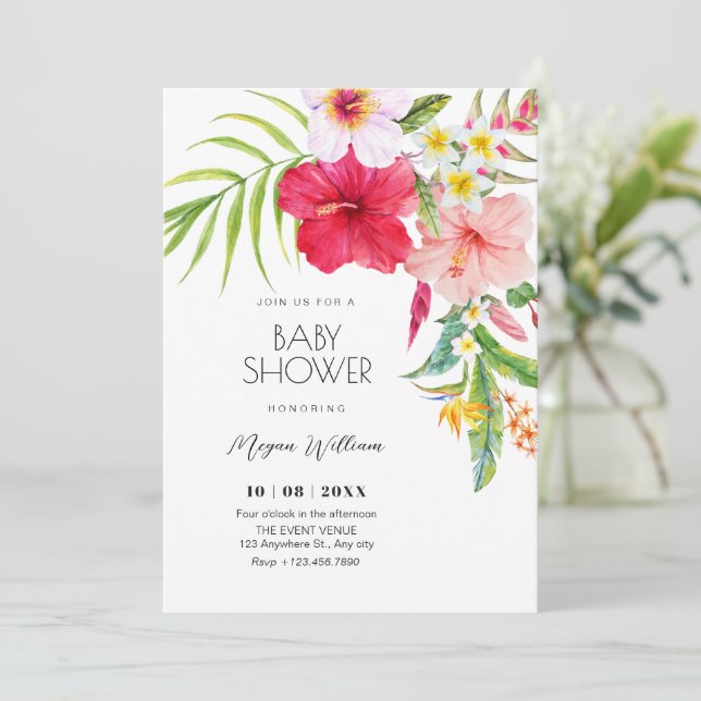 Invitación ducha de bebé floral tropical (Anverso de pie)