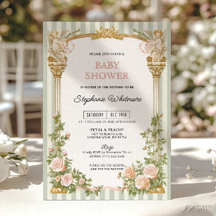 Invitación Ducha de bebé floral verde salvia con querubín