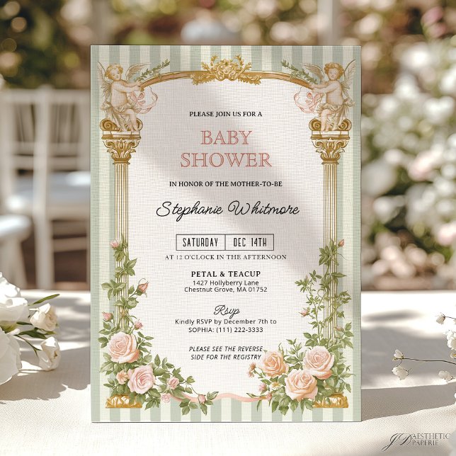 Invitación Ducha de bebé floral verde salvia con querubín (Subido por el creador)