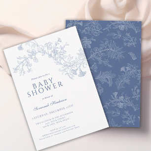Invitación Ducha de bebé floral vintage azul dibujado a línea