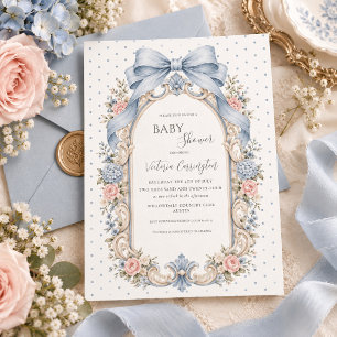 Invitación Ducha de bebé floral vintage azul rosa