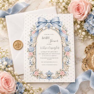 Invitación Ducha de bebé floral vintage azul rosa