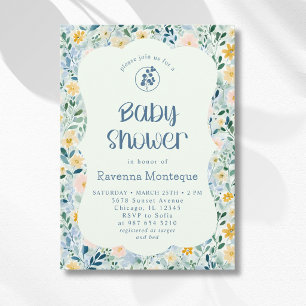 Invitación Ducha de Bebé Flores Azules Polvorientas Vintage