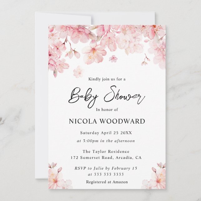 Invitación Ducha de Bebé Flores de Cerezo en Acuarela de Prim (Anverso)