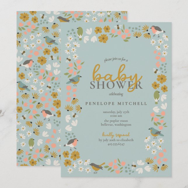Invitación Ducha de Bebé Flores de Pájaros y Abejas  (Anverso / Reverso)