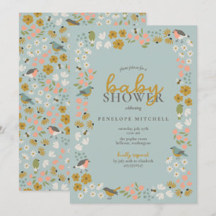 Invitación Ducha de Bebé Flores de Pájaros y Abejas 