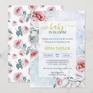 Invitación Ducha de bebé flores elegantes azul Baby in Bloom