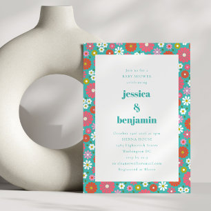 Invitación Ducha de bebé Flores Retro Cute de los 60s Azul Tu