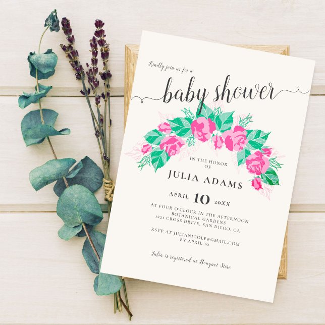 Invitación Ducha de Bebé Flores Rosadas Verdes Rosa Jardín (Subido por el creador)
