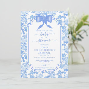 Invitación Ducha de Bebé Flores Rosas Blancas Azules Chinoise