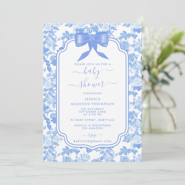 Invitación Ducha de Bebé Flores Rosas Blancas Azules Chinoise (Anverso de pie)