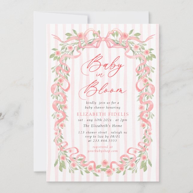 Invitación Ducha de bebé flores rosas lazo rosa Baby in Bloom (Anverso)
