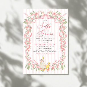 Invitación Ducha de Bebé Flores Rosas Lazo Rosa Ganso Tonto