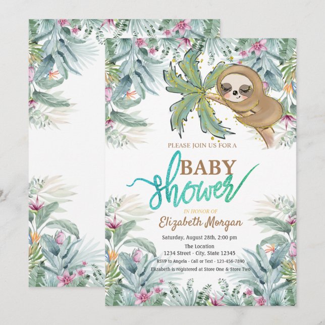 Invitación Ducha de Bebé Flores Tropicales Perezoso Durmiendo (Anverso / Reverso)