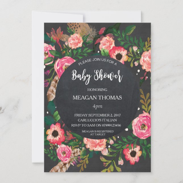 Invitación Ducha de bebé florida pluma de pizarra moderna (Anverso)