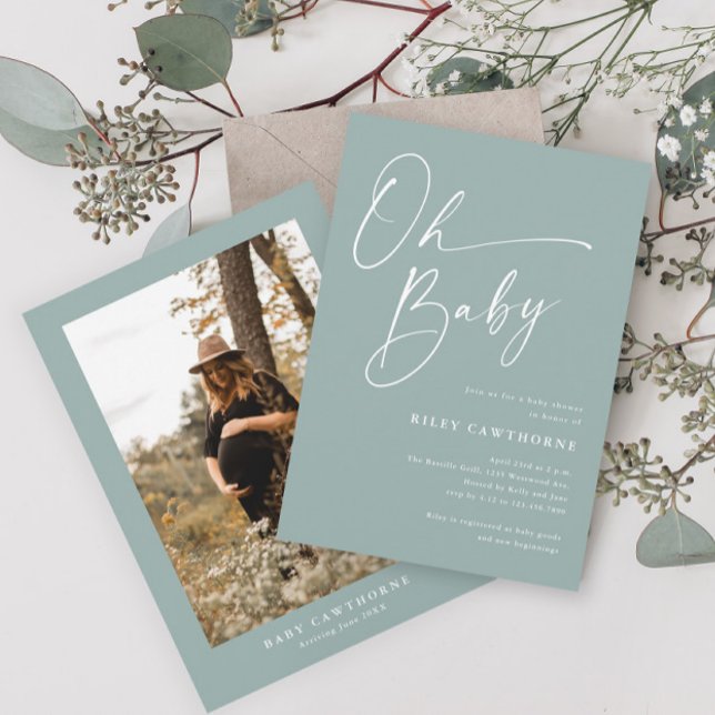 Invitación Ducha de Bebé Foto Verde Sage con Letra Moderna (Subido por el creador)