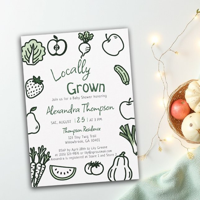 Invitación Ducha de Bebé Fresca de Granjas y Creada a Mano co (locally grown baby shower invitation hand drawn produce farm fresh green script written gingham)