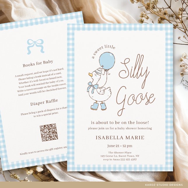 Invitación Ducha de Bebé: Gansito Dulce, Azul y Divertido (The front and back of the invitation shown in a 5x7-inch size. Choose size, paper, and corner style.)