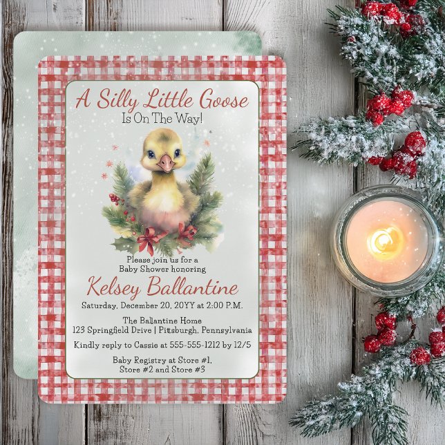 Invitación Ducha de Bebé Ganso de Navidad (Cute Christmas Holiday Goose Gosling "A Silly Little Goose" Gingham Checks Baby Shower Invitation)