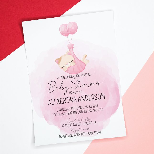 Invitación Ducha de bebé gatita rosada personalizada (Baby girl cat theme pink shower Invitation for cat lover mom-to be. )
