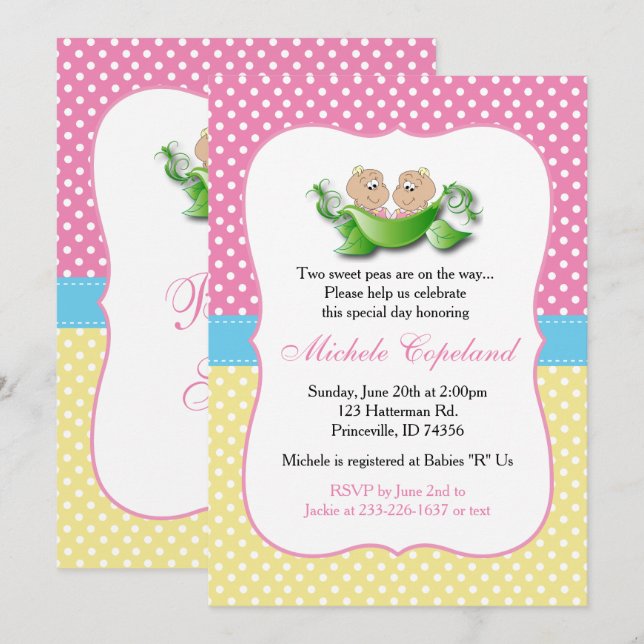 Invitación Ducha De Bebé Gemela - Dos Peas En Un Pod (Anverso / Reverso)
