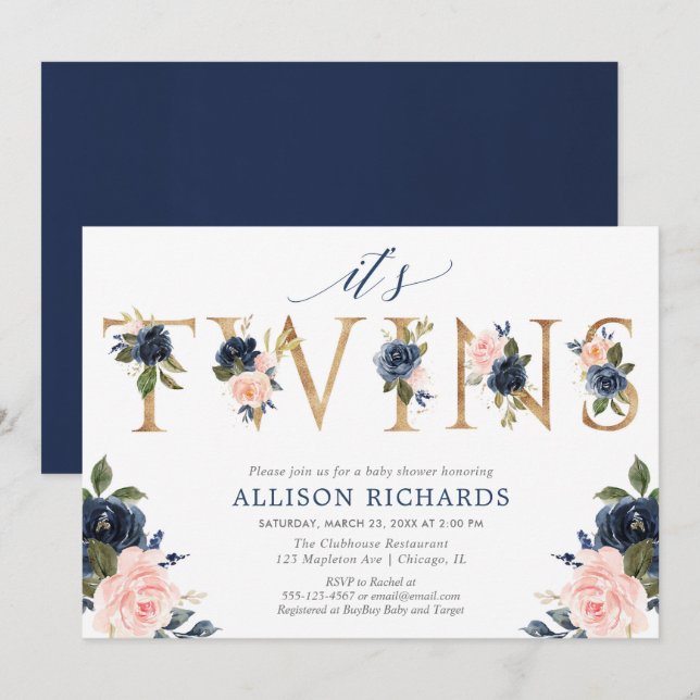Invitación Ducha de bebé gemelos chicas gemelos azul rosa flo (Anverso / Reverso)