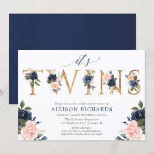 Invitación Ducha de bebé gemelos chicas gemelos azul rosa flo
