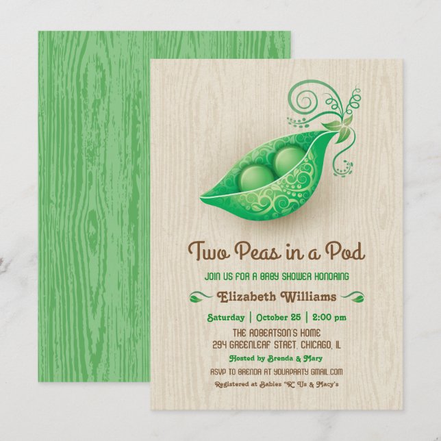 Invitación Ducha de bebé gemelos Rústicos Dos guisantes en un (Anverso / Reverso)