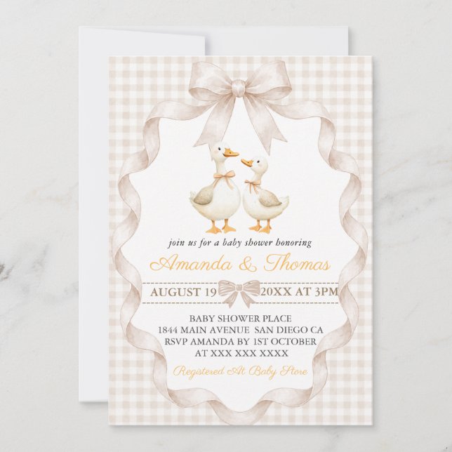 Invitación Ducha de Bebé Gingham de Ganso  (Anverso)