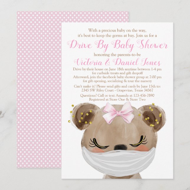 Invitación Ducha de bebé Girl Bear con máscara (Anverso / Reverso)